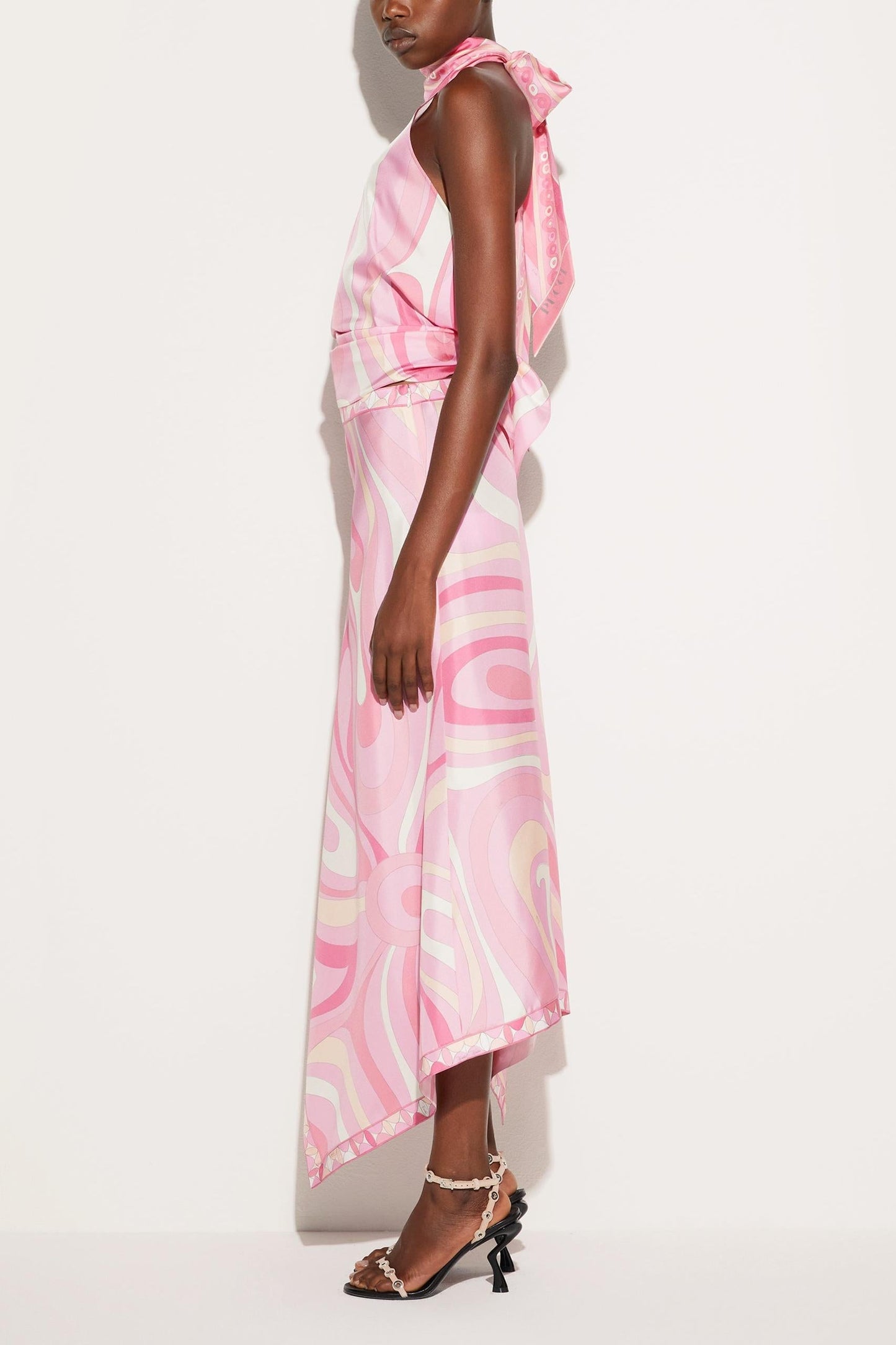 Satin Halter Top and Scarf Print Midi Skirt Set for Women - Ester