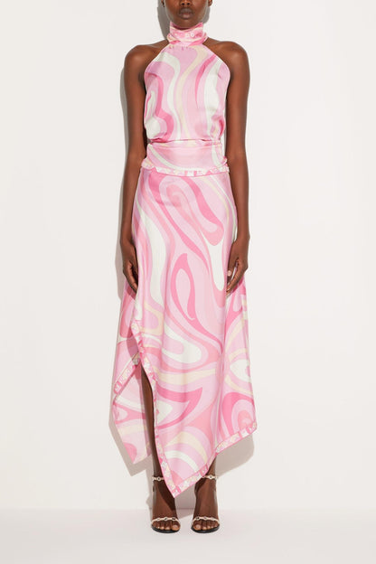 Satin Halter Top and Scarf Print Midi Skirt Set for Women - Ester