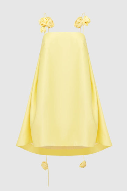 Yellow Mini Dress with Flower Details for Women - Gianna