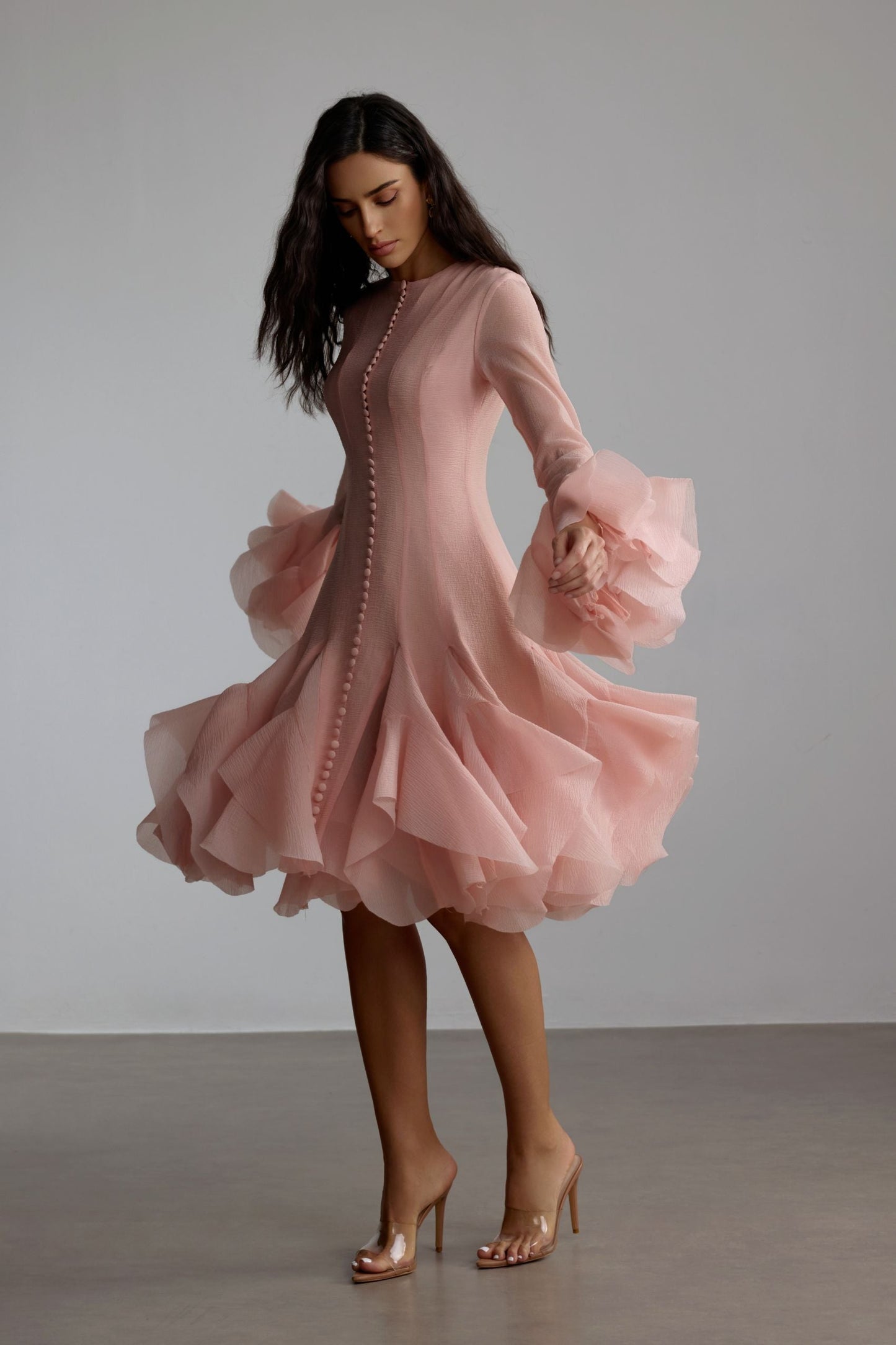 Blush Pink Ruffled Mini Dress with Button Detail for Women - Alessia