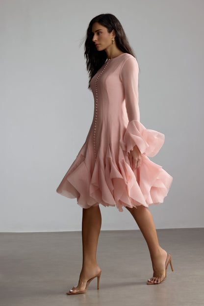 Blush Pink Ruffled Mini Dress with Button Detail for Women - Alessia