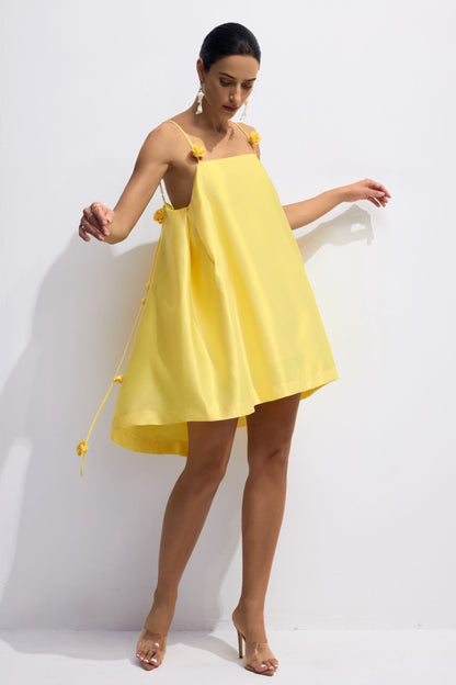 Yellow Mini Dress with Flower Details for Women - Gianna