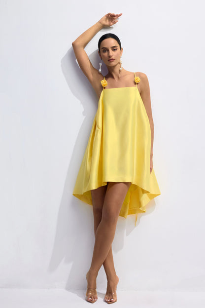 Yellow Mini Dress with Flower Details for Women - Gianna
