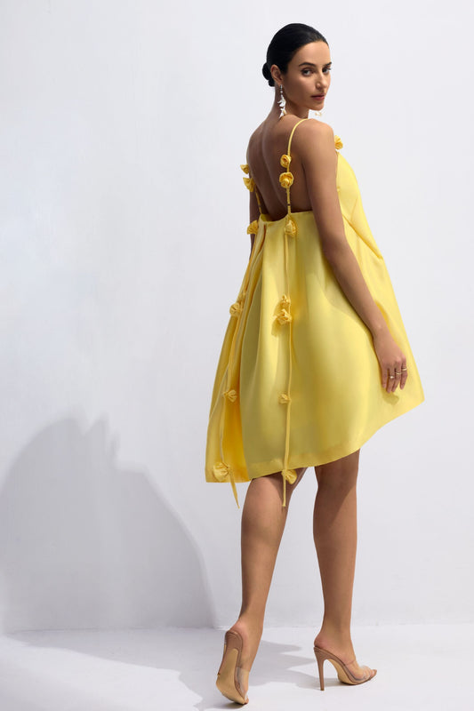 Yellow Mini Dress with Flower Details for Women - Gianna