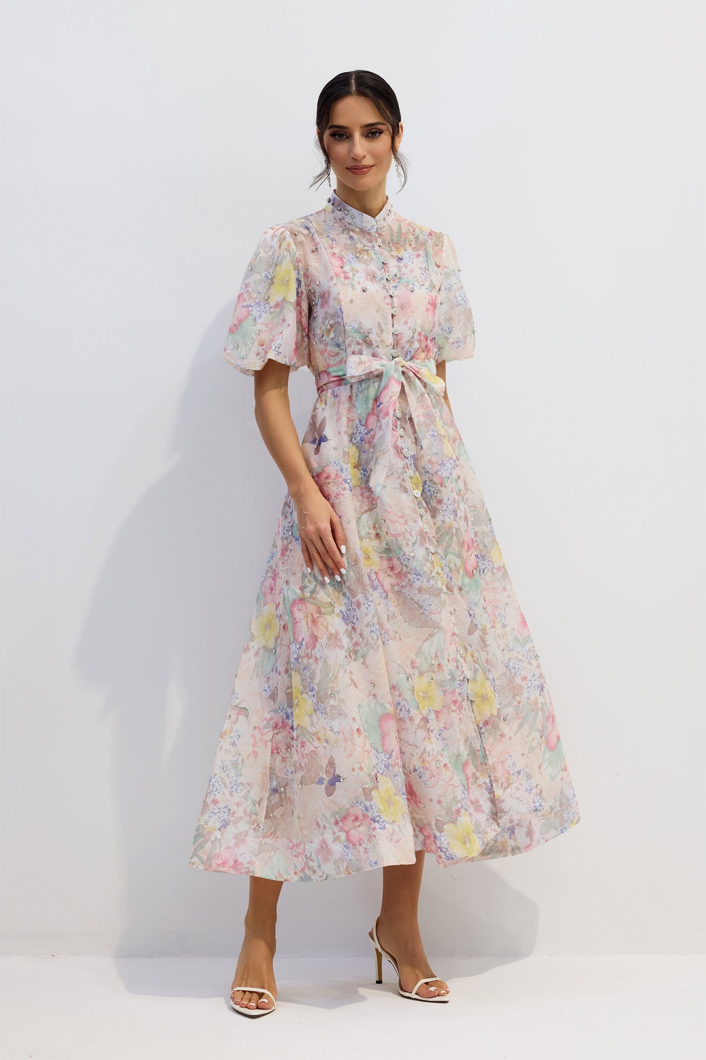 Pastel Floral Button-Down Midi Dress with Tie Waist for Women - Evelina
