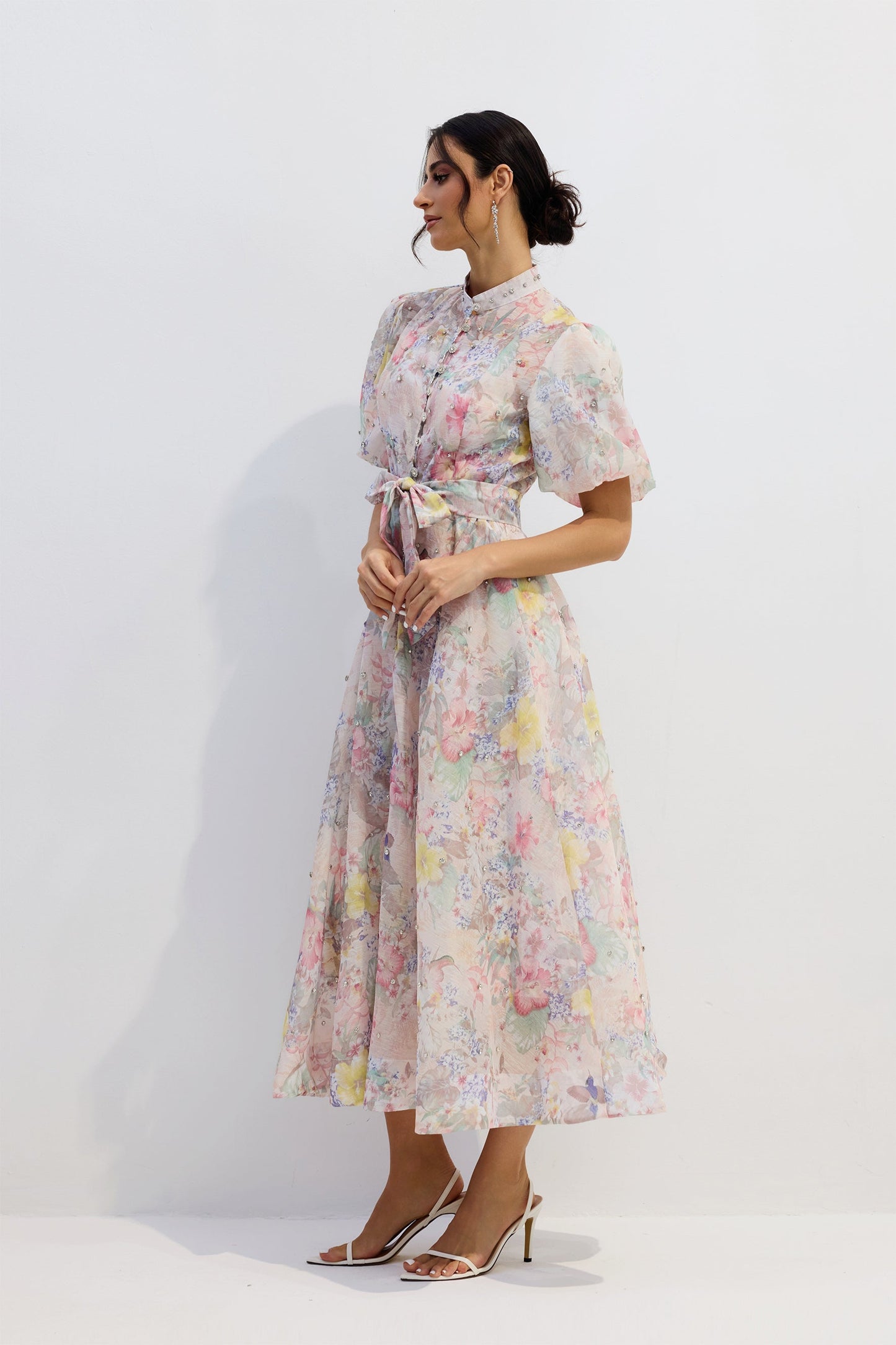 Pastel Floral Button-Down Midi Dress with Tie Waist for Women - Evelina