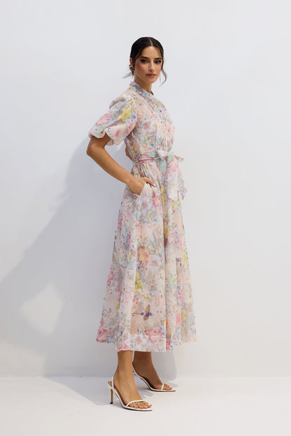 Pastel Floral Button-Down Midi Dress with Tie Waist for Women - Evelina