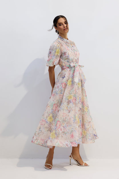 Pastel Floral Button-Down Midi Dress with Tie Waist for Women - Evelina