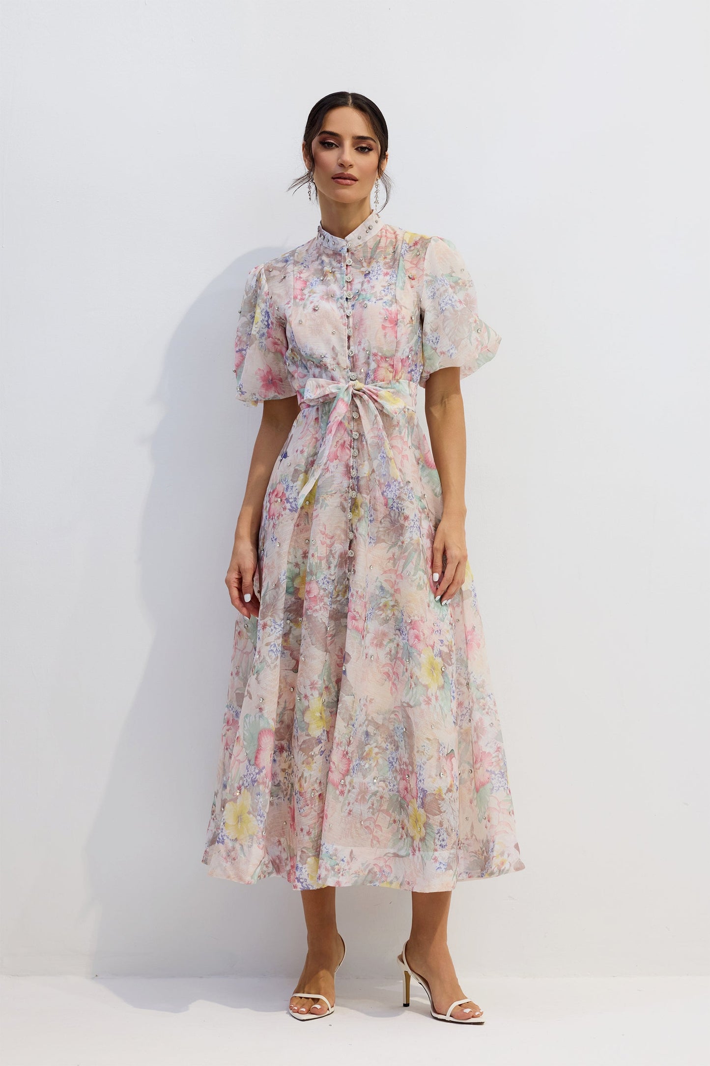 Pastel Floral Button-Down Midi Dress with Tie Waist for Women - Evelina
