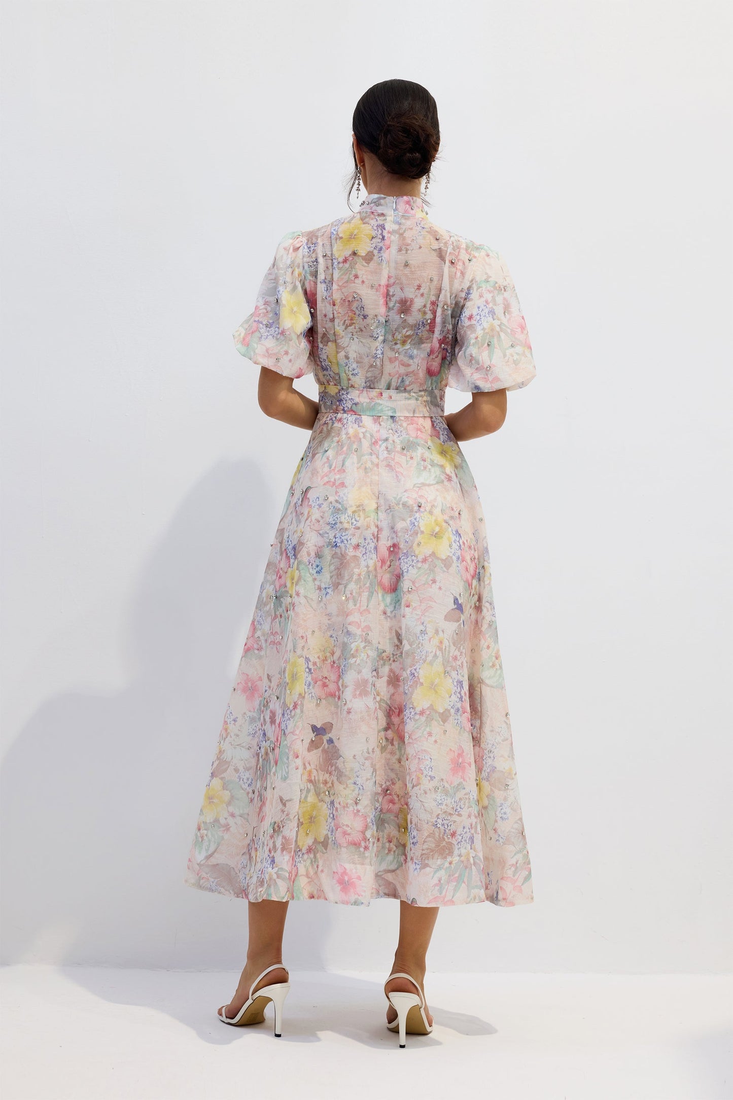 Pastel Floral Button-Down Midi Dress with Tie Waist for Women - Evelina