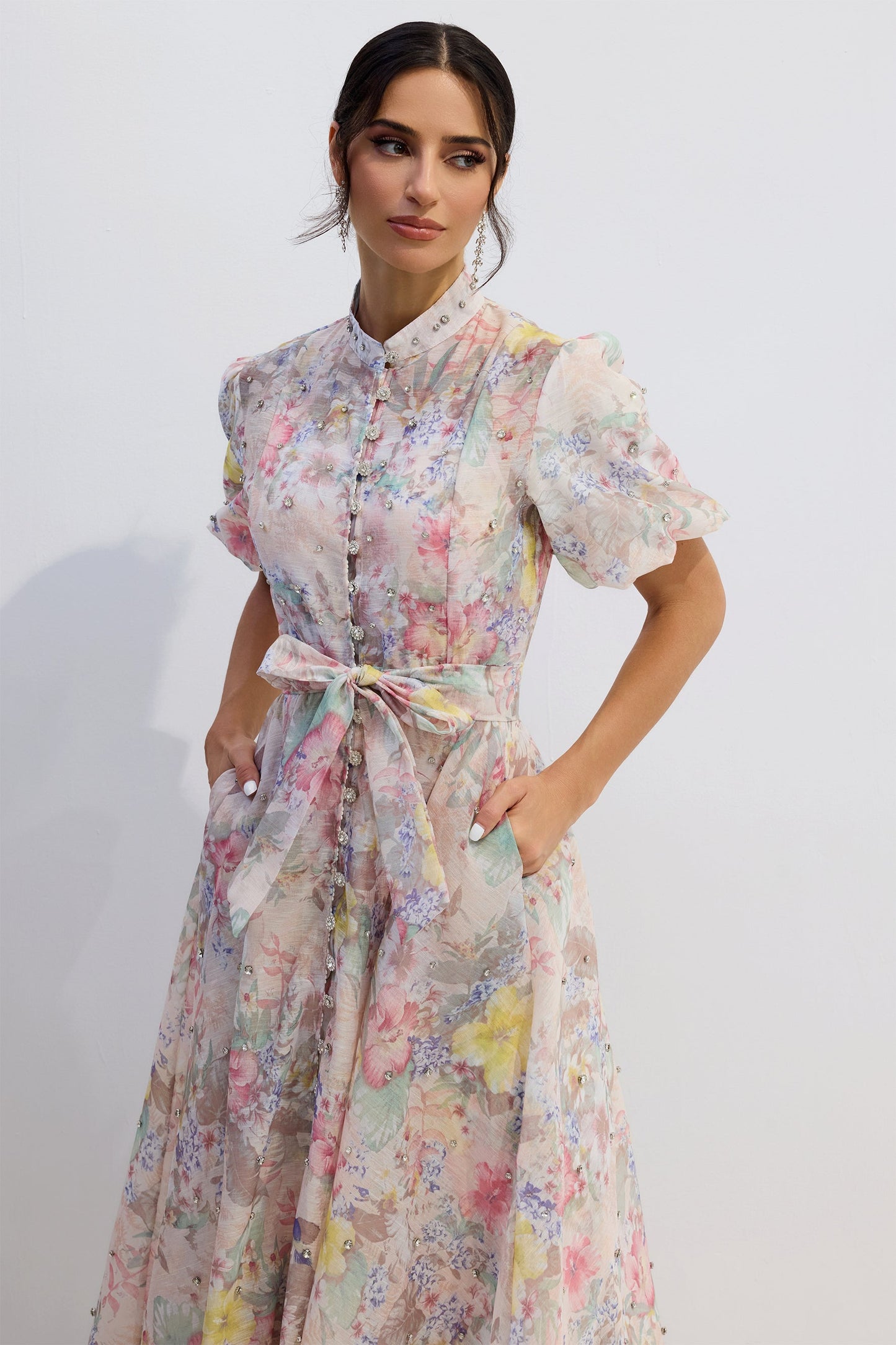 Pastel Floral Button-Down Midi Dress with Tie Waist for Women - Evelina