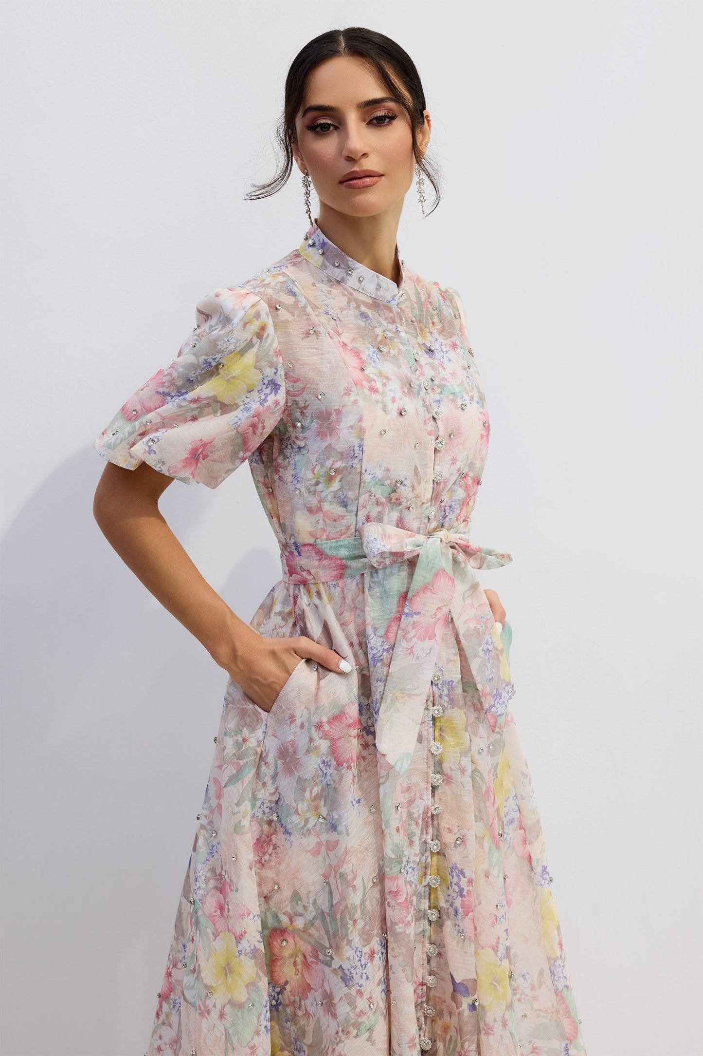 Pastel Floral Button-Down Midi Dress with Tie Waist for Women - Evelina