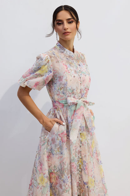 Pastel Floral Button-Down Midi Dress with Tie Waist for Women - Evelina
