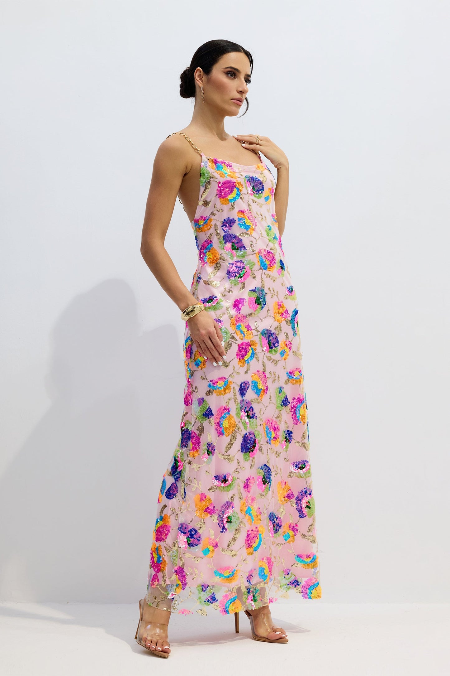 Floral Sequin Maxi Dress with Chain Straps for Women - Donatella