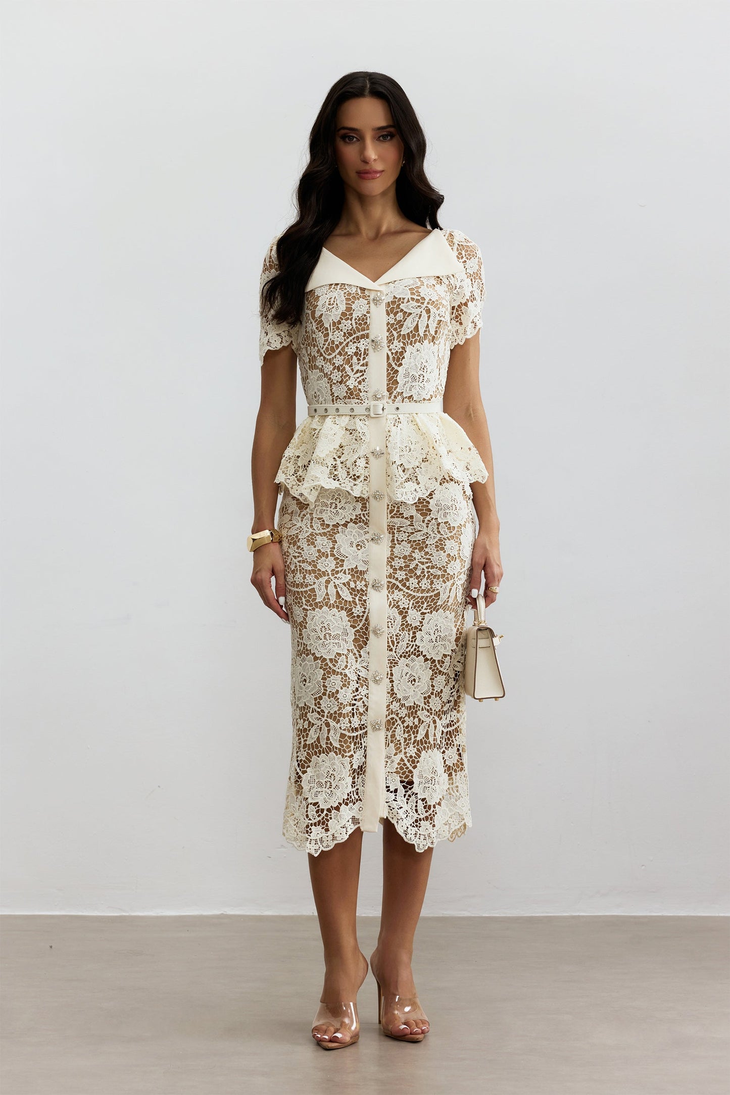 Ivory Lace Midi Dress with Peplum for Women - Wanda
