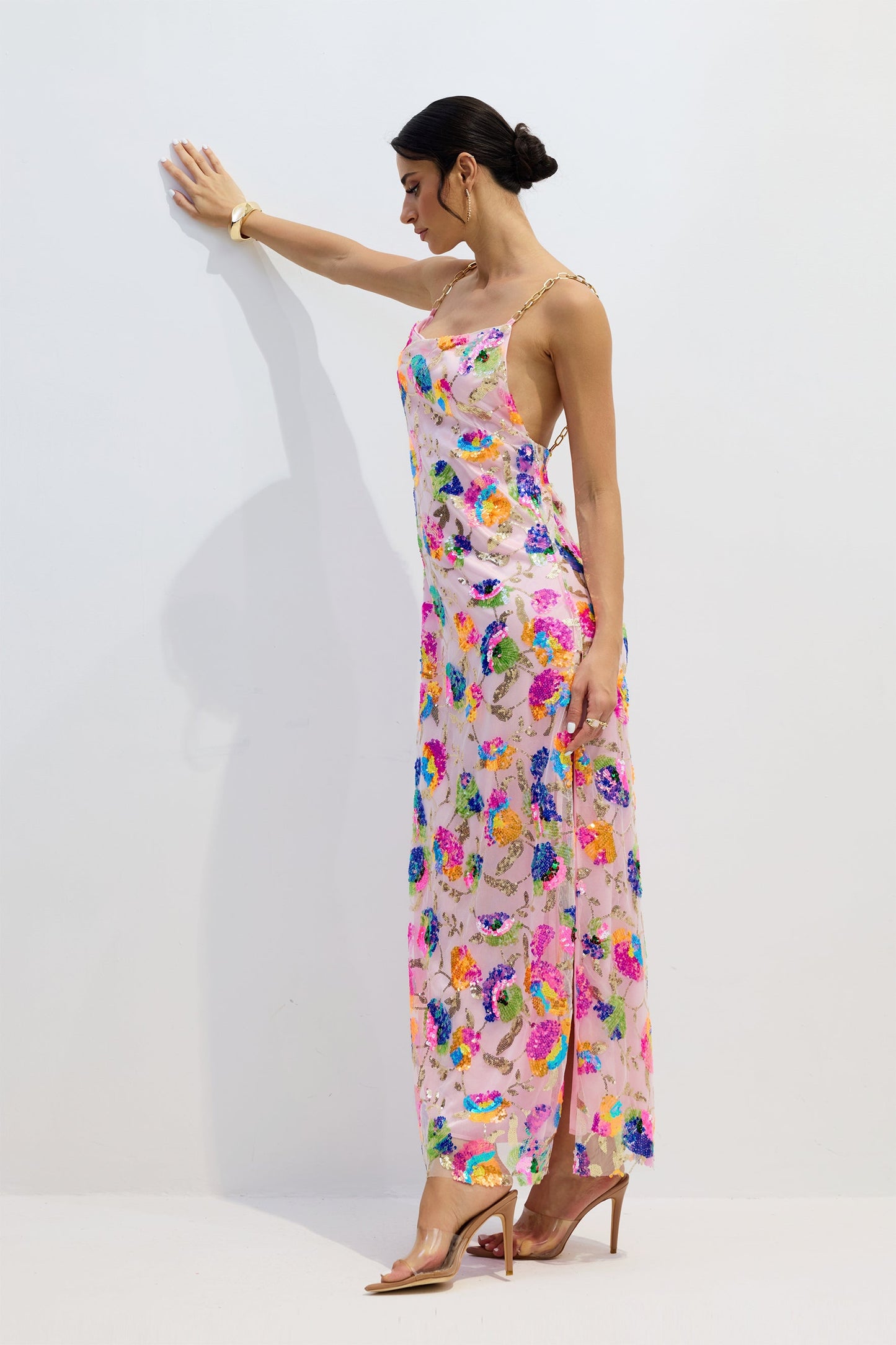 Floral Sequin Maxi Dress with Chain Straps for Women - Donatella