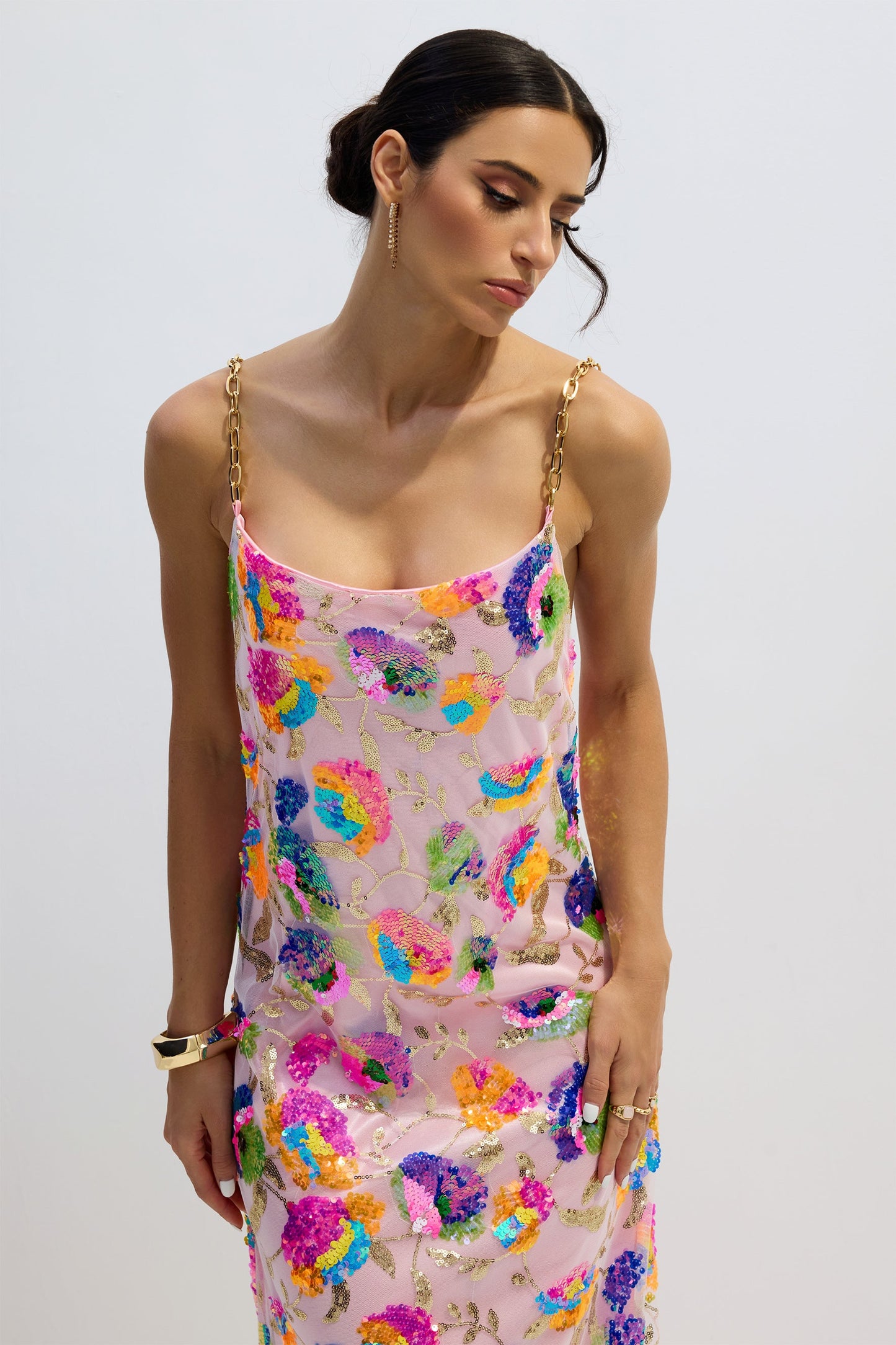Floral Sequin Maxi Dress with Chain Straps for Women - Donatella