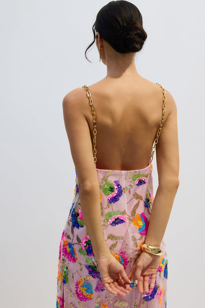 Floral Sequin Maxi Dress with Chain Straps for Women - Donatella