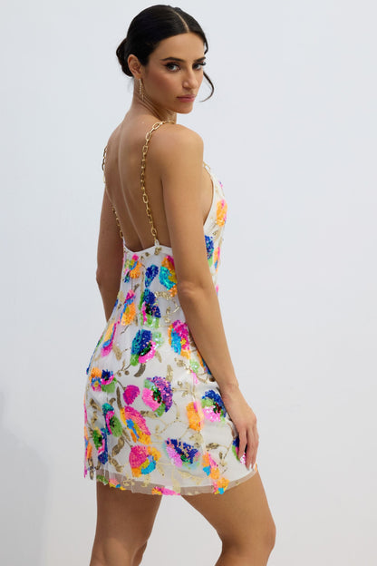 Sequin Floral Mini Dress with Chain Straps for Women - Viviana