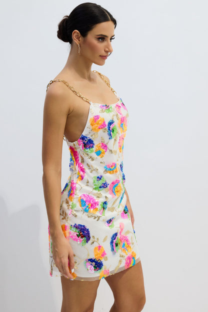Sequin Floral Mini Dress with Chain Straps for Women - Viviana