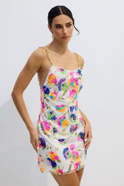 Sequin Floral Mini Dress with Chain Straps for Women - Viviana