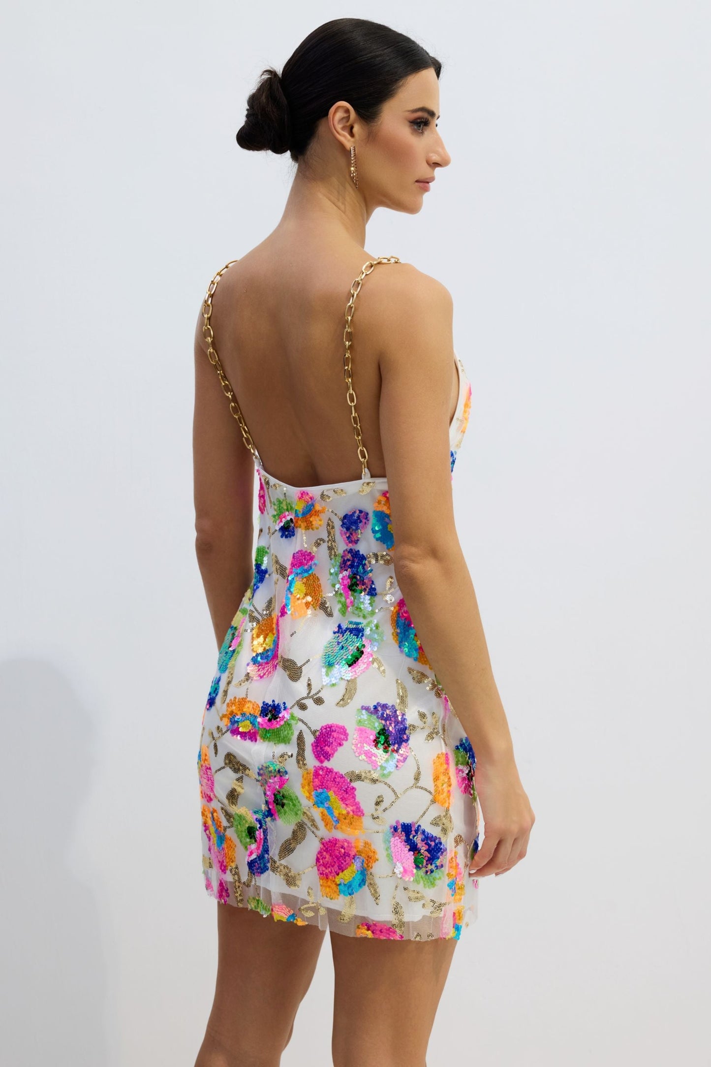 Sequin Floral Mini Dress with Chain Straps for Women - Viviana