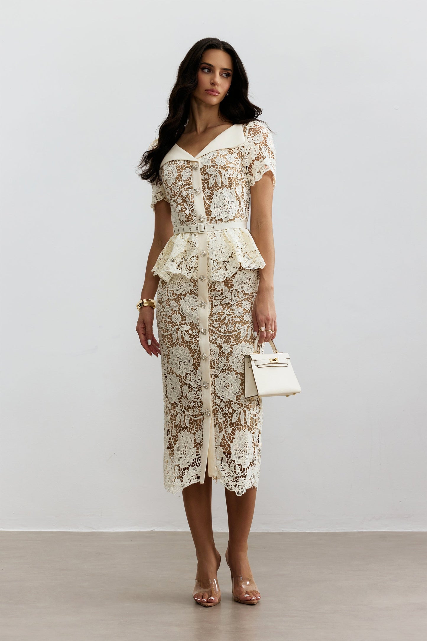 Ivory Lace Midi Dress with Peplum for Women - Wanda