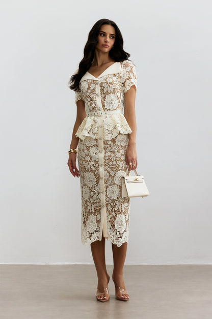 Ivory Lace Midi Dress with Peplum for Women - Wanda