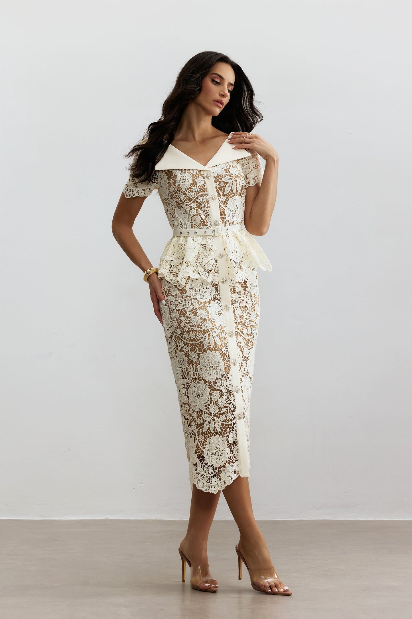 Ivory Lace Midi Dress with Peplum for Women - Wanda