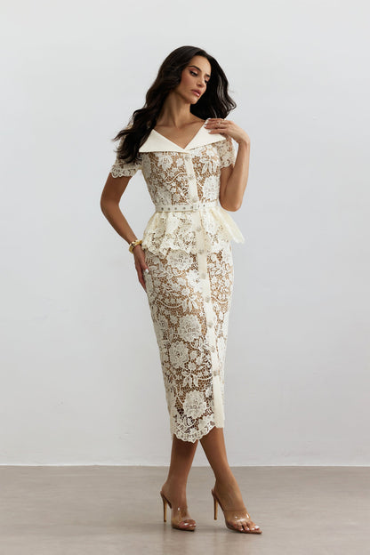 Ivory Lace Midi Dress with Peplum for Women - Wanda