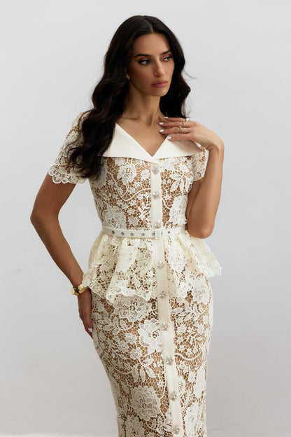 Ivory Lace Midi Dress with Peplum for Women - Wanda