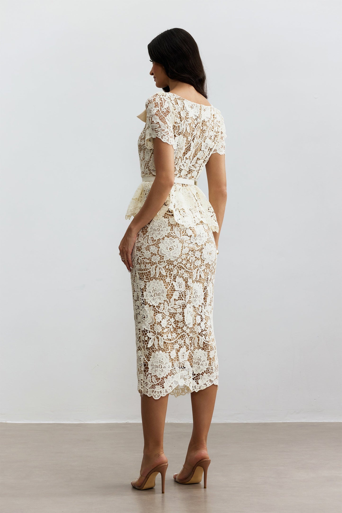 Ivory Lace Midi Dress with Peplum for Women - Wanda