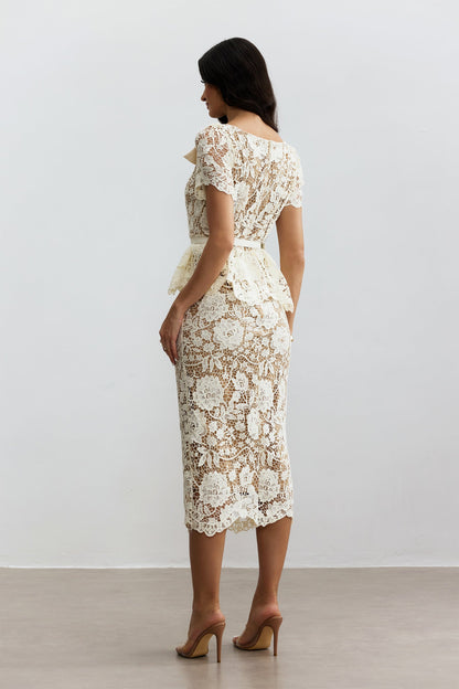 Ivory Lace Midi Dress with Peplum for Women - Wanda