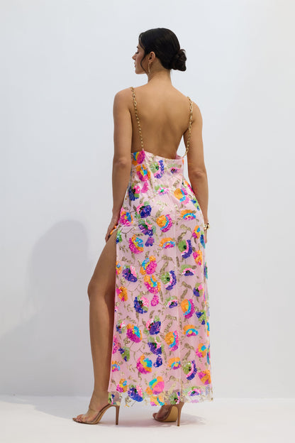 Floral Sequin Maxi Dress with Chain Straps for Women - Donatella