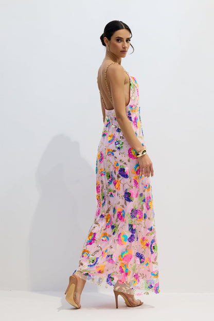Floral Sequin Maxi Dress with Chain Straps for Women - Donatella