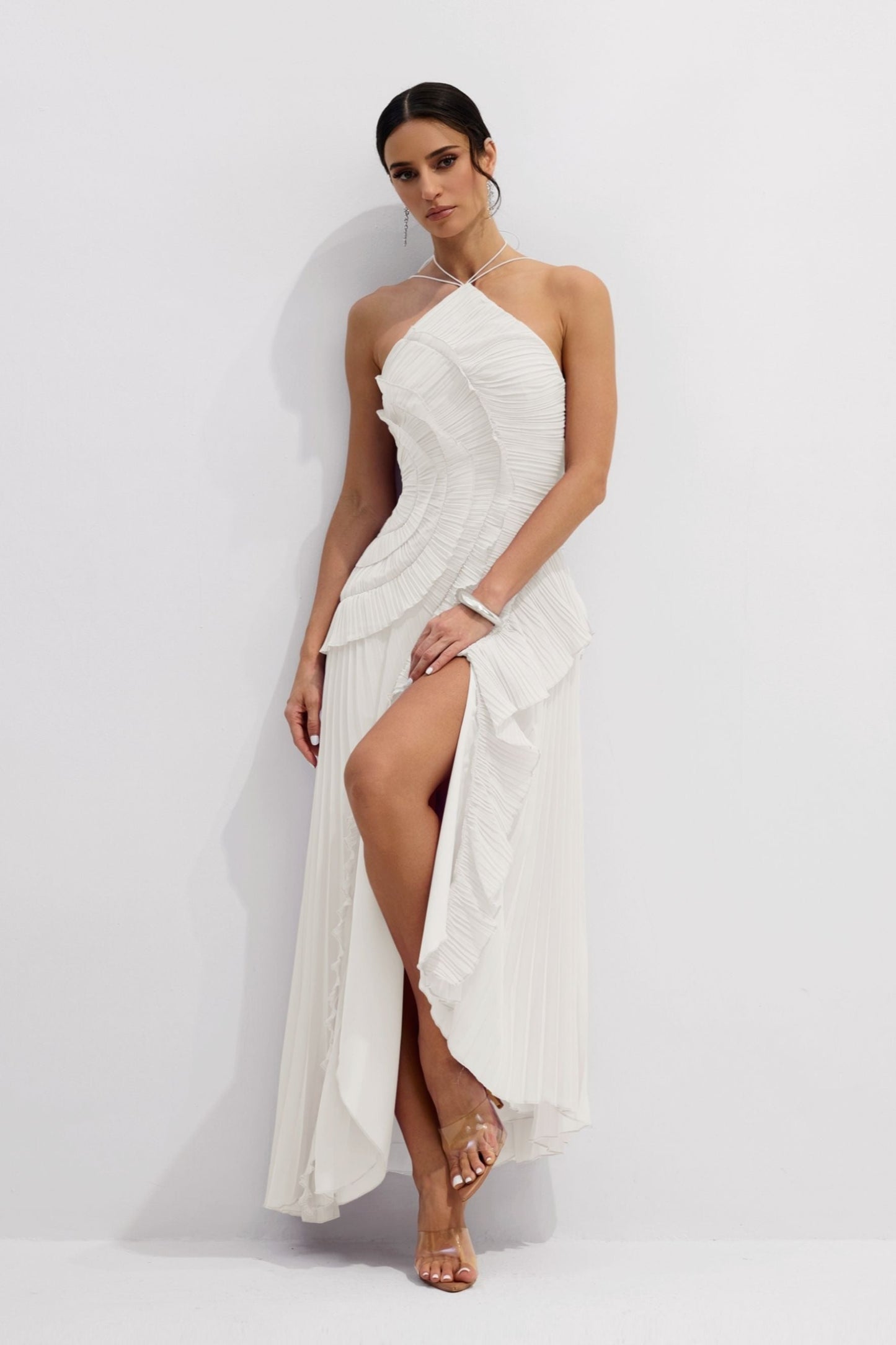 Pleated Maxi Dress with Side Slit for Women - Gemma