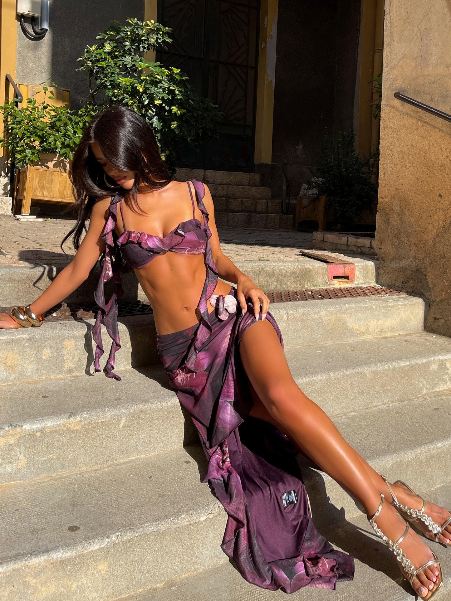 Purple Ruffle Crop Top and Maxi Skirt Set for Women - Ginevra