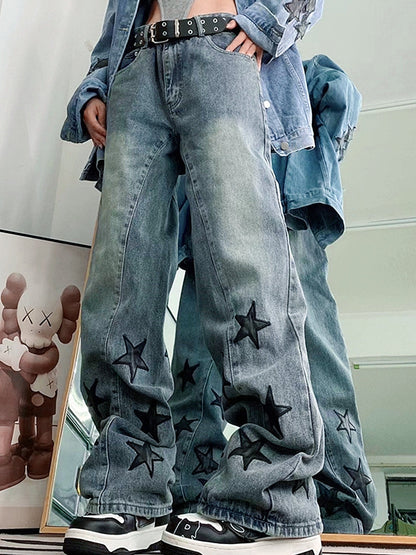 Vintage Blue Washed Effect Boyfriend Jeans with Star Print