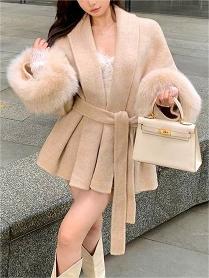 Classic Solid Color Faux Fur Coat with Belt