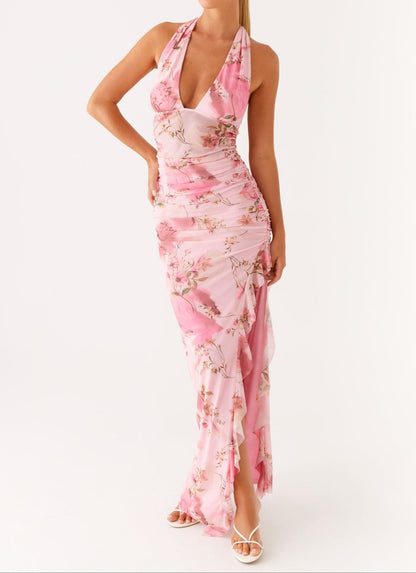 Elena Halter Maxi Dress - Pink Floral Print