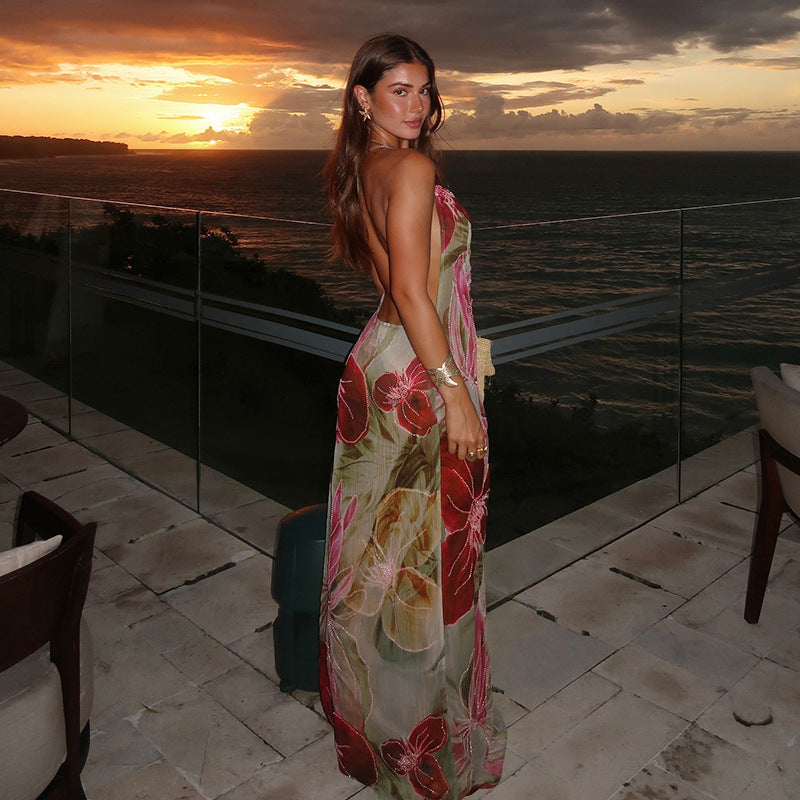 Green Floral Maxi Dress with Side Slit for Women - Fatima