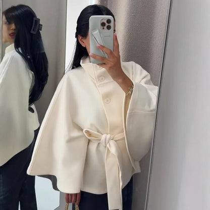 Belted High Neck Cape Coat for Women - Ines