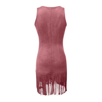 Fringe Suede Mini Dress with Buttons for Women - Clara