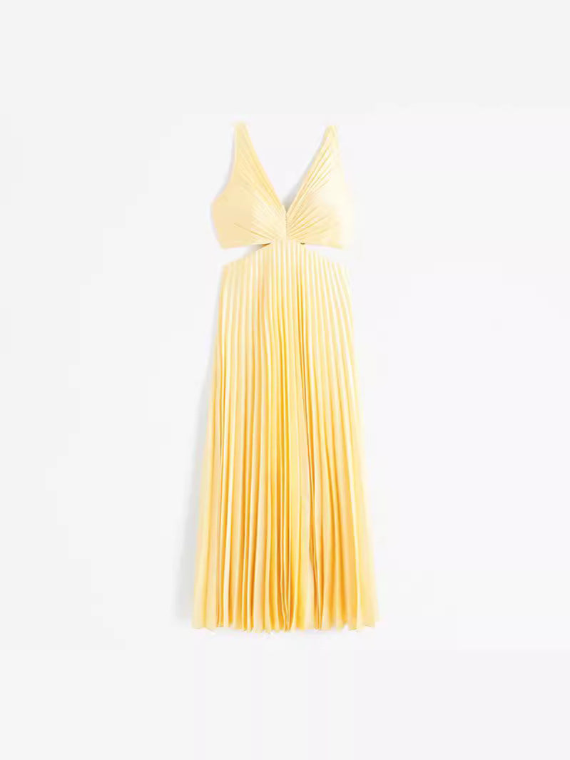 Yellow Pleated Maxi Dress with V-Neck for Women - Rosella