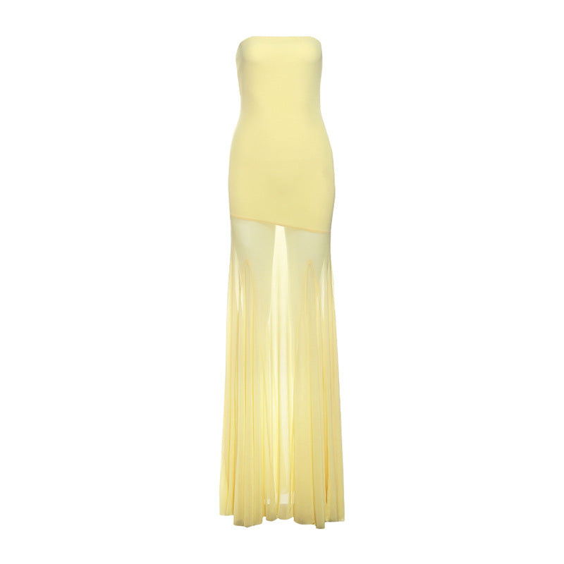 Yellow Strapless Maxi Dress with Sheer Mesh Skirt for Women - Melania