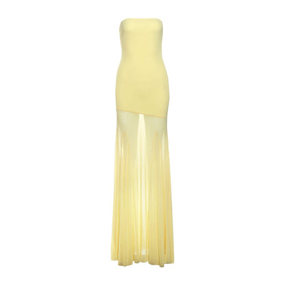 Yellow Strapless Maxi Dress with Sheer Mesh Skirt for Women - Melania