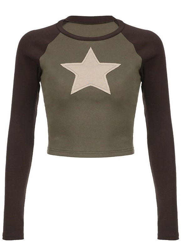 Contrast Color Y2K Raglan Sleeve Star Patch Knit Crop Top