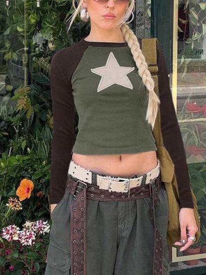 Contrast Color Y2K Raglan Sleeve Star Patch Knit Crop Top