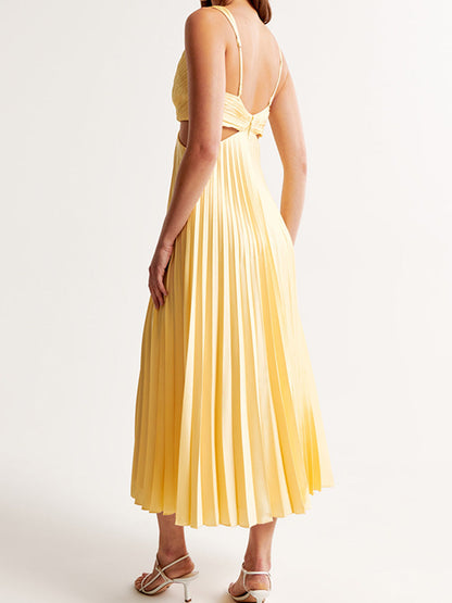 Yellow Pleated Maxi Dress with V-Neck for Women - Rosella
