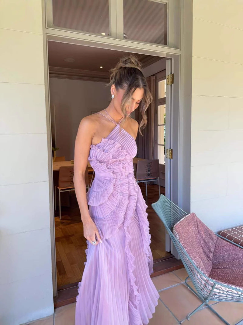 Lavender Pleated Maxi Dress with Ruffle Detail for Women - Gelsomina